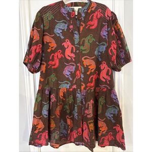 FOX AND HEN Leopard Bright Mini Dress Women's Large Button Shirt dress Flowy